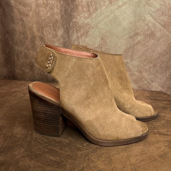 Lucky Brand Odenah High Block Heel Ankle Boot Brown Leather Suede Open Toe 9.5 - Picture 1 of 9